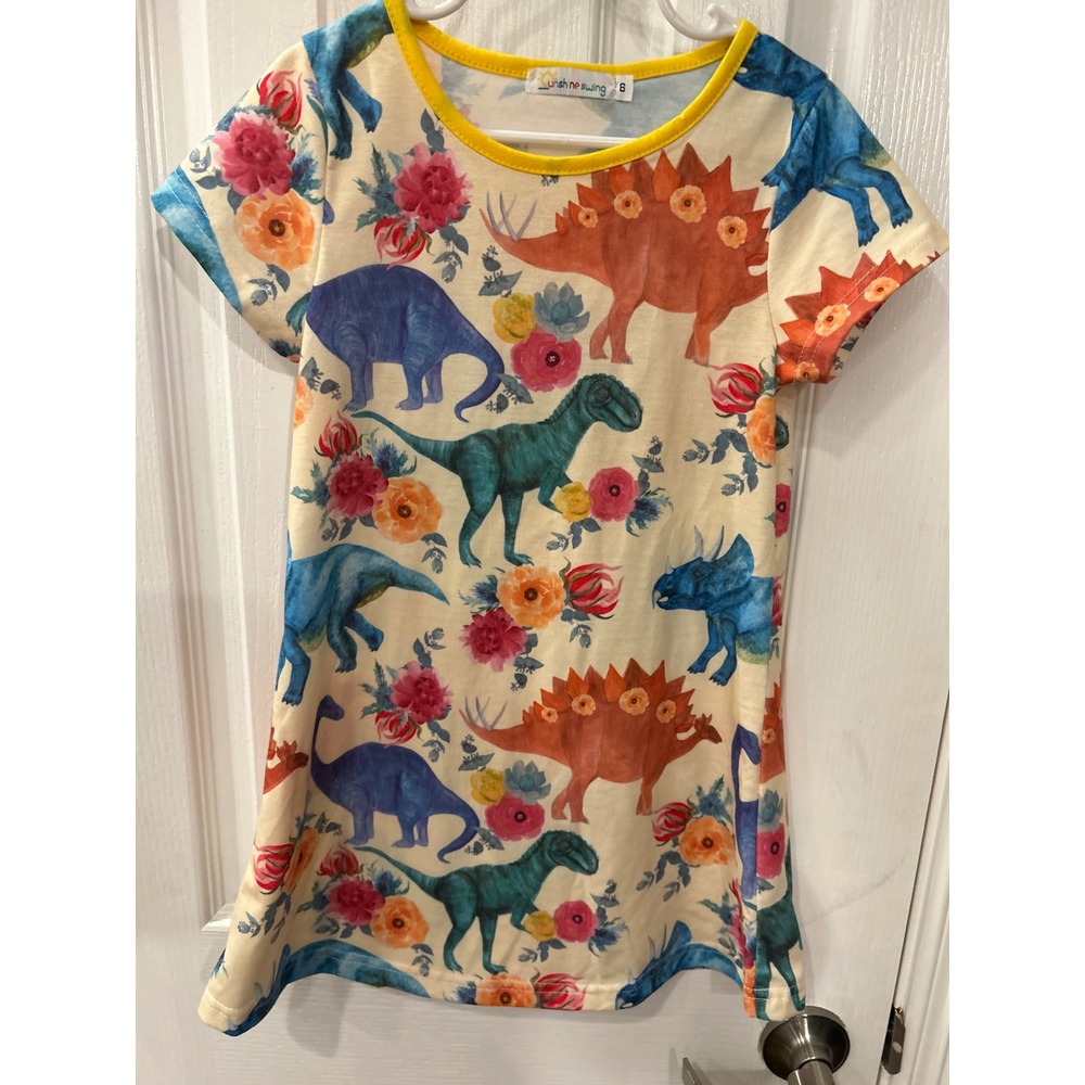Sunshine Swing Dress Cream Floral Dinosaur Print Short Sleeve Girls Size 6 Bin A